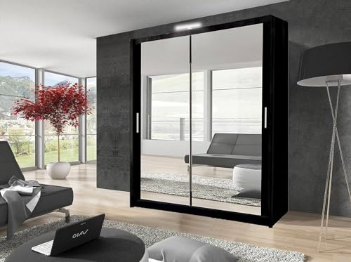 GSW Bedroom Furniture Modern Full 2 and 3 Mirror Sliding Door Wardrobe With Shelves And LED Light, Hanging Rail (100CM, Black)