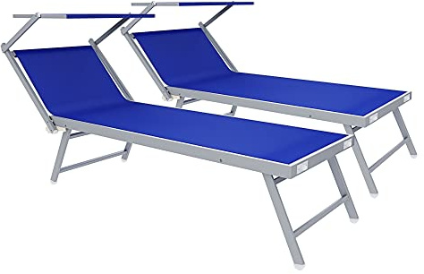 Arreditaly Coppia Di Lettini Prendisole 720 gr/m² Pieghevole Professionale In Alluminio Tettuccio Orientabile Parasole Sdraio Lettino Prendi Sole Mare Spiaggia Piscina Giardino 182 x 60 x 38 cm (Blu)