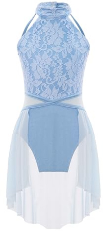 inlzdz Kids Girls Lace Floral Straps Back Ballet Lyrical Dance Dress Stage Performance Costume Leotard Tutu Skirt Light Blue Lace 11-12 Years