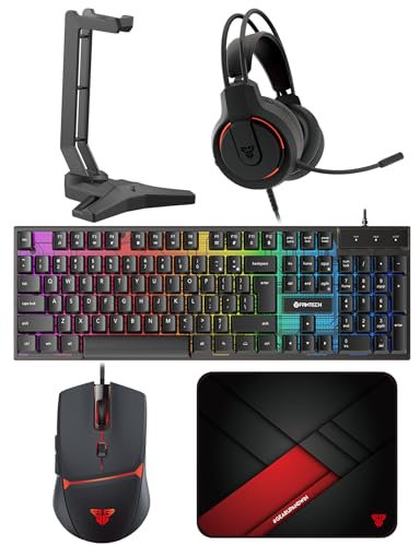 FANTECH P51S Ensemble clavier et souris de jeu, casque et support, tapis de souris filaire RVB arc-en-ciel clavier PC débutant Gamer Basic 5 en 1