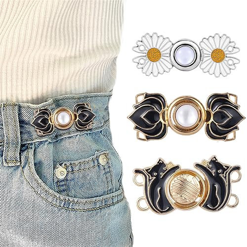 RYMAUP® 3 Stück, Verstellbare Taillenschnallen,Hosen-Taillendehner, Jean-Knöpfe, Stifte, Damen, Nähen, Bund-Stretcher, Hosenclips für zu lockere Taille,schwarz