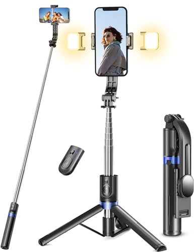 Palo Selfie Tripode para Movil con 2 Luces, Reforzado Estable Palo Selfie Tripode con Mando a Distancia Inalámbrico, Selfie Stick Compatible Teléfonos y Cámara de Acción