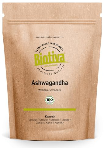Ashwagandha 180 kapslar ekologiska - 1500mg daglig dos - Withania Somnifera - Indisk Ayurveda - Sömnbär - Flaskas i Tyskland - Biotiva