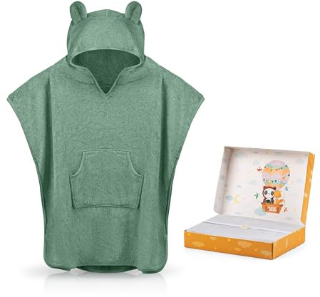Fuchs&Panda® Badeponcho Kinder EXTRA warm, weich & kuschelig (100% Bambus) | Badeponcho Baby | Handtuch Poncho Kinder mit toller Geschenkverpackung (Kupfer-grün)
