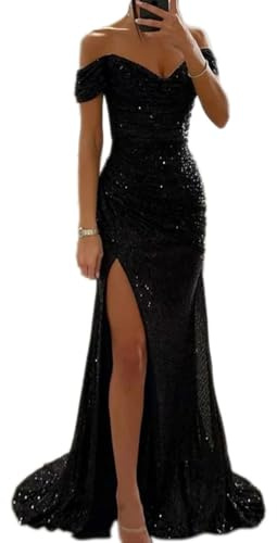 Tomwell Robe de Soirée Cocktail Femme Élégante Col V à Paillettes Robe Longue Sexy Slim Robe Fendues à Sequins Mode Maxi Dress A Noir XS