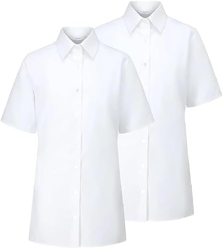 Trutex Basics Girls White School Shirts, Multipack (2 Pack) | Short Sleeve Slim Fit Cotton-Rich Easy Iron White School Blouses for Girls