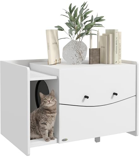 PawHut Maison de Toilette pour Chat, Meuble Cache litière pour Chat, Compartiment Coulissant, Table d'appoint pour Animal Domestique, 2 Trous d'aération, Tapis de Fuite de Sable, Blanc