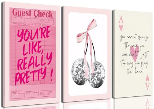 Pink Preppy Wall Art Framed Set of 3 Trendy Coquette Disco Cherry Posters Retro Guest Check Canvas Prints Poker Painting Positive Quote Pictures Room Decor Aesthetic for Girls Bedroom Dorm 12x16in
