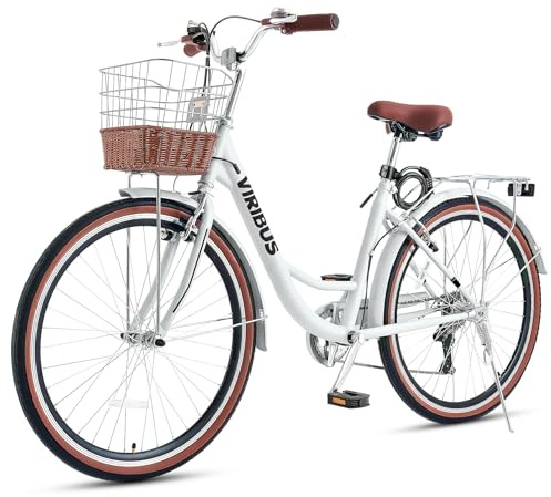 Viribus Women’s Comfort Bike, 24 Inch 7 Speed Bicycle for Women, Beach & City Cruiser Bike with Rattan Basket Steel Rack, Step Through Bike for Women Youth Adults, White