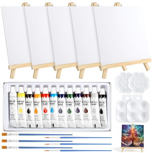 32 Pcs Mini Canvas & Easel Set - 20x20cm Paintbrushes for Oil, Acrylic & Watercolour