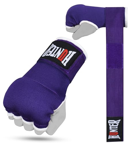 HUNTER Gel Padded Inner Gloves with Hand Wraps for Boxing, Quick Elastic Training Wraps for Men & Women, Muay Thai MMA Kickboxing Martial Arts Knuckle Wrist Protector (Pair) (Purple, S/M)