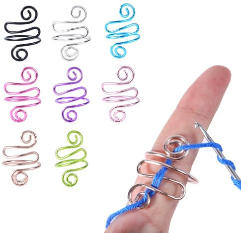 8stk Häkelset für Finger, Häkel-Spannring Häkelringe Finger Verstellbarer Strickzubehörring Handgefertigter Häkelzubehörring für Finger (8 Farben)