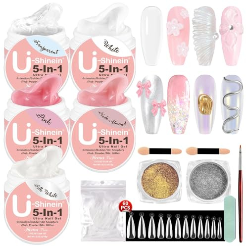 U--Shinein 5 st solid builder nagelgelset, 5-i-1 non-sticky 3D skulpterande nagelgel med guld och silver kromad nagelpulver, förlängning falska nagelspetsar för konst snideri, byggare och