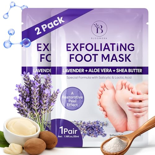 Masque Pied Exfoliant (2 Paires) – Peeling Pied Hydratant au Beurre de Karité & Lavande, Chaussettes Exfoliantes pour Peaux Sèches et Abîmées, Soin Réparateur pour Hommes et Femmes, Foot Peel Mask