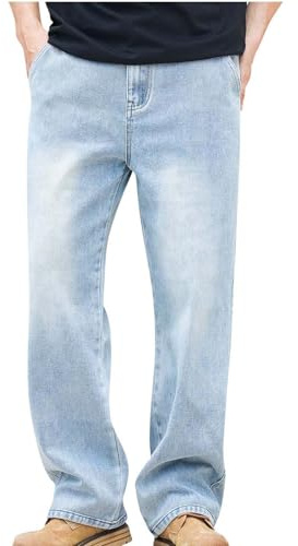RLEHJN Baggy Jeans Men Wide Leg, Mens Trousers Skater Jeans Solid Color Loose Fit Outdoors Denim Pants Casual Vintage Straight Leg Trousers with Pockets Streetwear Light Blue Waist Size 30-46