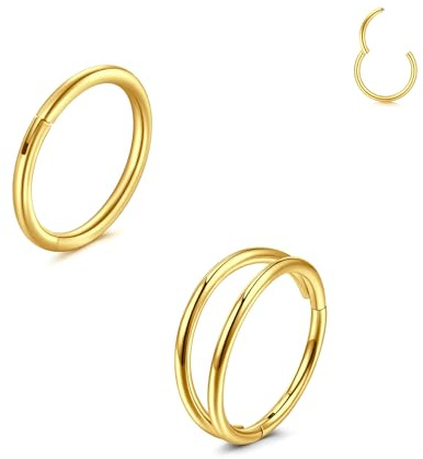LAURITAMI 2 pièces anneau piercing nez acier chirurgical 20G mince double anneau or, anneau clicker septum, 6mm Helix Conch cartilage piercing nez bijoux