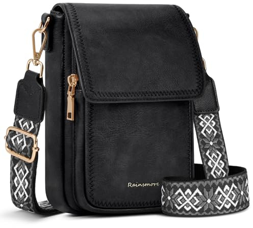 RAINSMORE Sacs Bandoulière Femme Petit Sac Bandouliere Femme Cuir Sacoche Femmes Bandoulière Sac Telephone Portable Messenger avec Réglables Bandoulière Noir