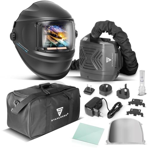 STAHLWERK Casco de Soldadura automático 3 en 1 Booster Air – Casco de Soldador Suministro de Aire Fresco, Sistema PAPR, True Colour, Memoria, oscurecimiento automático DIN 4-13, Clase óptica 1/1/1/2