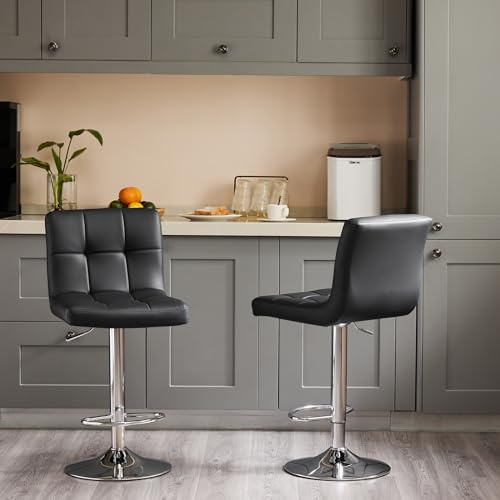 DUMOS Bar Stools Set of 2, 24 inch Counter Height Bar Stools, Upholstered Modern Kitchen Barstools with Metal Base, PU Leather Saddle Stools for Kitchen Island, Inky Black