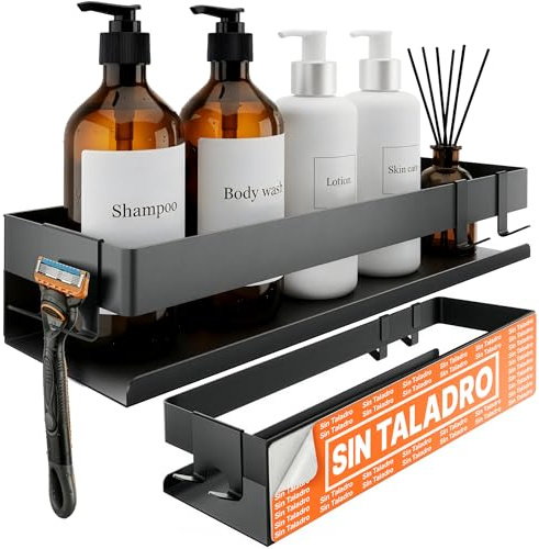 Minismus estanteria ducha sin taladro con ganchos moviles y barra, estante ducha organizador resistente, repisa baño adhesiva, estanteria baño sin tornillos o montada con tornillos cesta