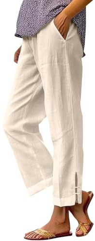 Generico Pantaloni Donna in Misto Lino con Bottone alla Caviglia Elastico Vita Alta Pantaloni Casual con Tasca Comodi Pantaloni Lunghi Caviglia Traspiranti Leggeri Estivi Ufficio