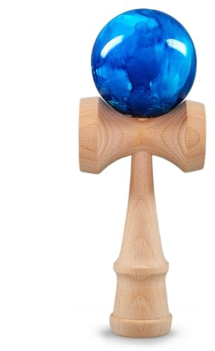 Ganzoo Kendama Traditionnel d’adresse en Bois de hêtre véritable Blue Flash Bleu, Balle Ø 6 cm, Hauteur 16 cm, Corde Nylon, 3 coupelles, 1 pièce, Largeur 6,8 cm, Poids 144 g