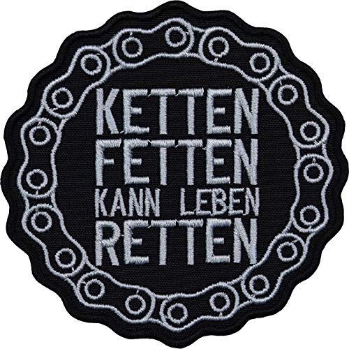 Motorcykel tygmärke KETTEN FETTEN KAN LIV RÄTTA  biker stryka/patch/lappar att sy/stryka på | mekanisk strykbild applikation för motorcykeltillbehör | 88 x 88 mm