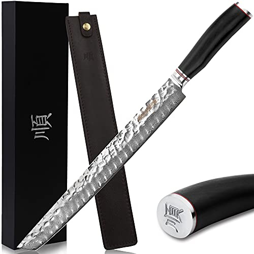 YOUSUNLONG Ultimat Sujihiki skärkniv 330 mm – japansk hamrad Damast VG10 stål – naturligt leadwood-handtag med läderskida