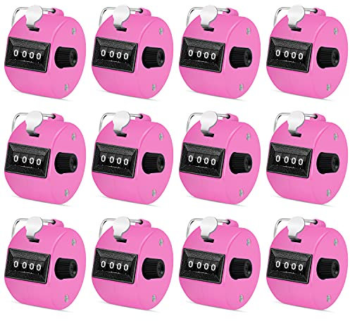 12 unidades de contador de mano de 4 dígitos, contador de vueltas de 4 dígitos, contador mecánico manual de clic de paso de mano con anillo de dedo para golf escolar y punto de ganchillo, rosa
