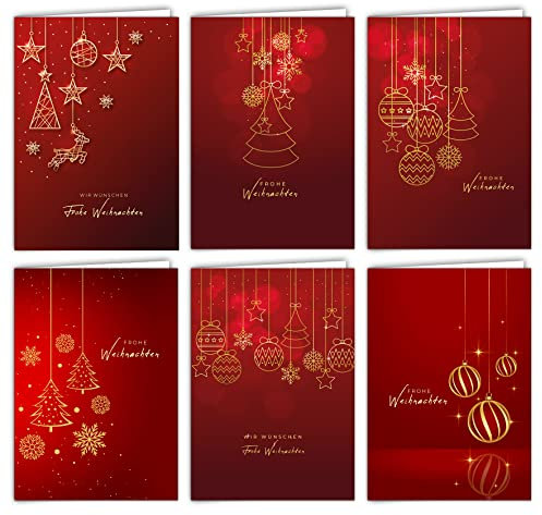 12 Weihnachtskarten Set Klappkarten mit Umschlägen a6 Karte Karten Umschlag glanz Frohe Weihnachten Merry Christmas xmas Rot Gold Sterne Tannenbaum Kugel Reh Geschenk