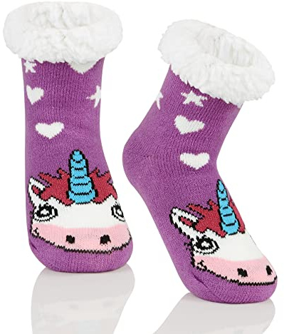 Durio Calcetines de invierno para niños, cálidos, gruesos, calcetines de invierno, calcetines mullidos, calcetines térmicos, calcetines para el suelo para niños y niñas, Lila-einhorn, 6/8 años