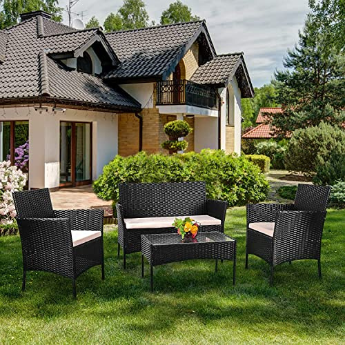 bigzzia Conjuntos de Muebles de Jardín Exterior en Ratán 4 Piezas Juego de Muebles de Jardín para 4 Personas Incluido 1 Sofá 2 Sillones 1 Mesa