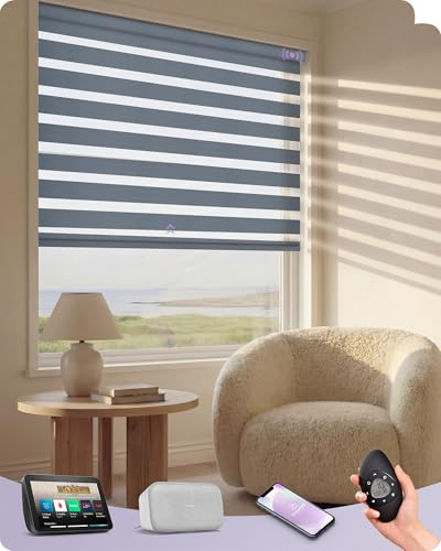 Graywind Textured Weave Motorised Zebra Blinds, Dim-Out or Translucent Dual-Layer Design, Rechargeable Smart Electric Day Night Blinds, Made to Measure, Alexa Google Compatible, Luxury Blue Grey