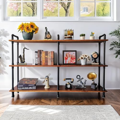 Anynice 3 Tier Long Industrial Bookshelf, 3 Realwood Industrial Pipe Bookshelf for Living Room, Entry, Office (Rustic Brown, 60 L x 11.8 W x 39 H)