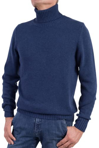 Maglia Collo Alto Uomo Misto Cashmere Made In Italy Maglione Dolcevita Manica Lunga Cachemire Doppio Filo Autunno Inverno Pullover Nero Beige Bianco Grigio Ragazzo Polo Invernale (Blu Melange, XL)