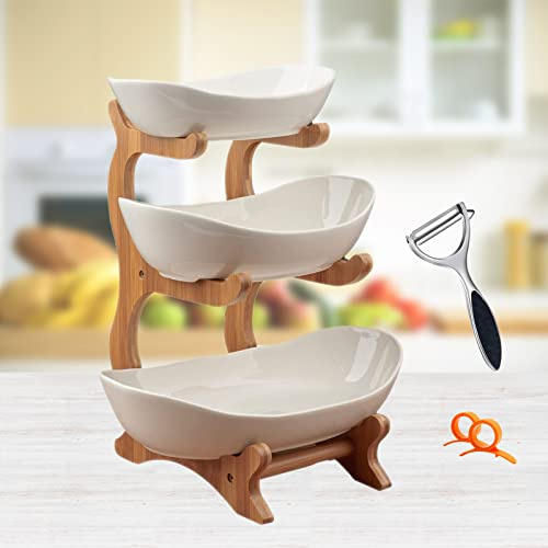 Frutero de 3 Pisos Cerámica, Cesta de Frutas de Bambú Cocina Mostrador y Organizador para Verduras y Frutas, Soporte de Frutas con Cuencos