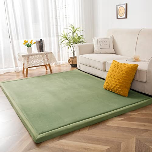 BYBYME Coral Velvet Rug, 3cm Thick Crawling Carpet with Non-Slip Fluffy Short Pile, Modern Washable Soft Mat, Perfect Carpets for Yoga, Exercise and Crawling (LightGreen, 200×200cm)