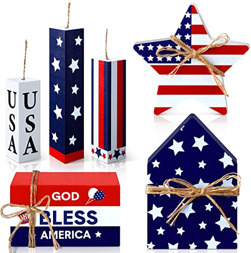 Kigley 8 Pcs 4th of July Table Decorations Wooden Patriotic Decorations 4th of July Tiered Tray Decor Set Faux Book Stack Firework Centerpieces Independence Day Tabletop for 250th Anniversary Home