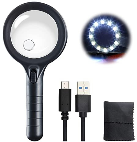 GIGIIS Lupenbrille mit Licht 20X Leselupe USB-Laden Handlupe Vergrößerungsglas 225 * 102mm Lupe mit LED Licht Übersichtlicher Lüpen für Senioren Lesen Kinder Inspektion Juweliere 1 Stück