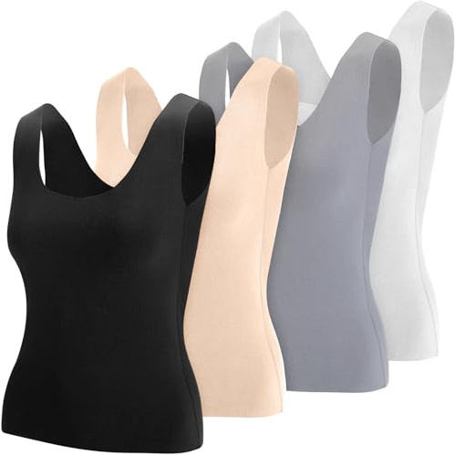 Toulite Lot de 4 débardeurs Thermiques sans Manches en Coton pour Femme, Noir, Blanc, Couleur Chair et Gris Clair, Taille S