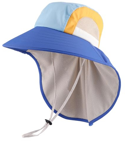 MK MATT KEELY Kids Sun Hat 2-8 Years Boys Summer Neck Protection Wide Brim Beach Hat with Adjustable Chin Straps,Plain Blue