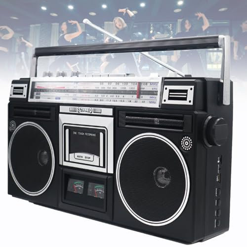 Boombox de casete portátil, Boombox con reproductor de CD retro estilo clásico de los años 80, compatible con entrada SD/USB, con radio AM/FM, grabadora de para viajes de reuniones familiares,Black