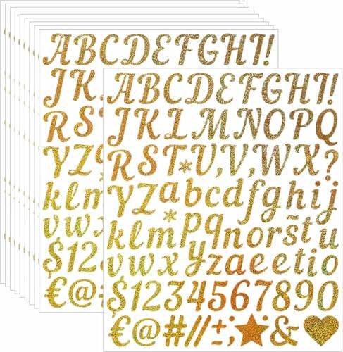 10 Blätter Buchstaben Zahlen Aufkleber, Selbstklebend Groß und Klein Buchstaben Aufkleber Klebebuchstaben Wetterfeste Vinyl Sticker für Grußkarten Briefkasten Schilder DIY Scrapbooking (Gold)