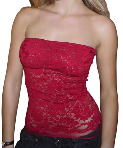 RUIWANBBY Women Y2k Floral Lace Tube Tops See Through Off Shoulder Sleeveless Backless Crop Tank Top Summer Going Out Outfits (Claret, S)