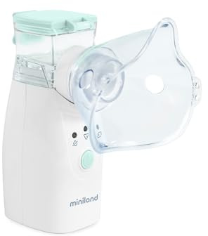 Miniland Nebulizador Bebe Portatil y Silencioso, Apto para Bebe, Niños y Adultos, Nebulizador Pediatrico Recargable, Tecnología Mesh, Incluye Mascarillas y Bolsa | Nebuclean