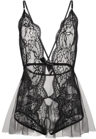 HOTSO Women's Lace Bodysuit Sexy Lingerie One Piece Teddy Babydoll Exotic Underwear See Through Floral Mesh V Neck Sleepwear, Naughty Hollow Stretchy Chemise Negligee Jumpsuit for Women