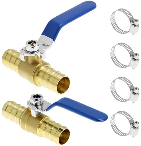 QWORK 2 stycken kulventiler på 19 mm mässing, kulventiler, avstängningsventil med 4 klämmor, perfekt för vattenbehandling, värmesystem och tryckluftssystem