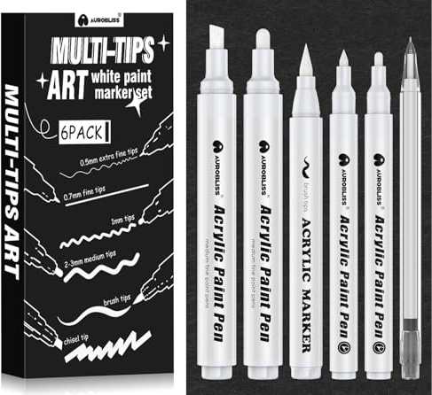 Aurobliss White Pen for Art 6pcs, Opaque White Paint Pen set with Brush Pen, Fineliner, chisel/medium/fine tip Acrylic Paint Pens for Black Paper Writing, Drawing