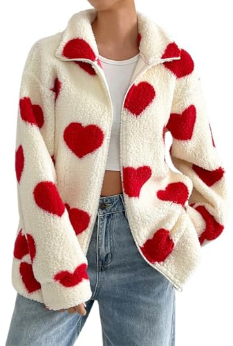 KBOPLEMQ Veste polaire pour femme avec imprimé cœur - Veste d'hiver épaisse - Doublure chaude - Veste de transition élégante surdimensionnée - Veste en peluche pour femme - Manteau d'hiver moelleux et