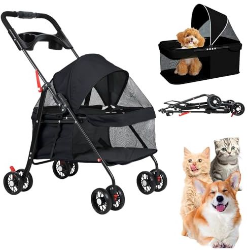 toilmua Poussette pliable pour animal domestique à 4 roues verrouillables, chariot portable avec porte-gobelet en maille respirante pour petits chiens et chats Noir
